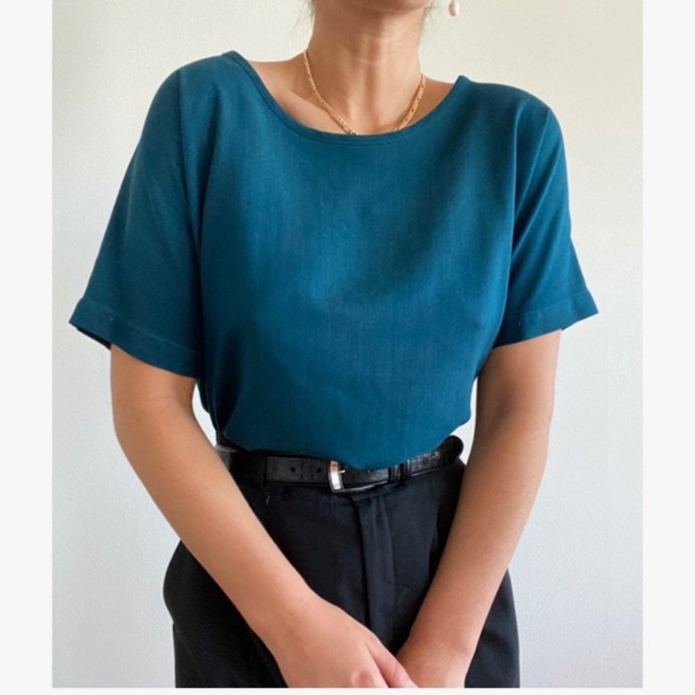 VINTAGE  SILK TEAL SHORT SLEEVE OVERSIZED BLOUSE